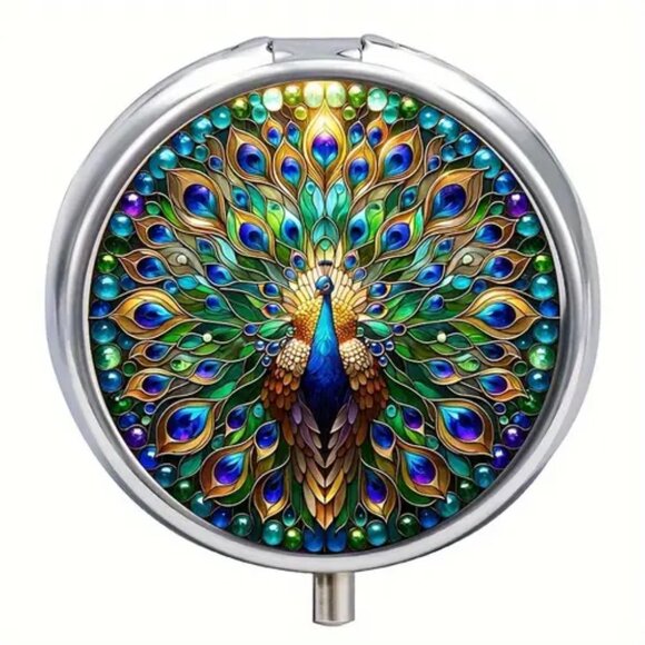 1pc.  Peacock Round Pill Box - Picture 1 of 5